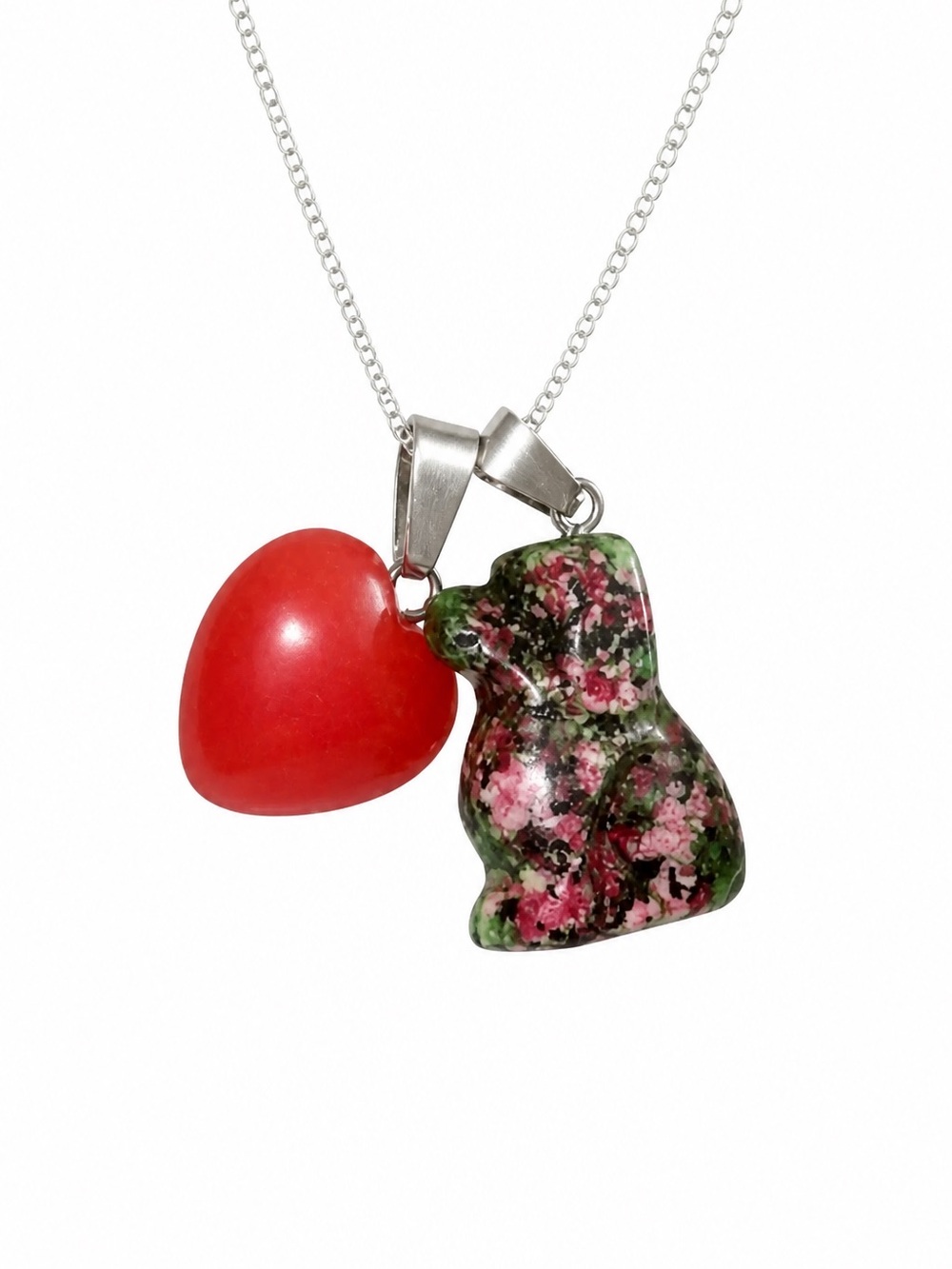 Boho Hippie Ruby in Zoisite Dog and Pink Agate Heart Silver Necklace …